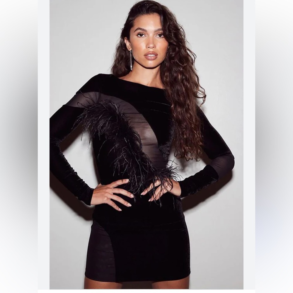 NWT $228 Camila Coelho REVOLVE Florence Black Feather Mesh Mini Dress Size Small